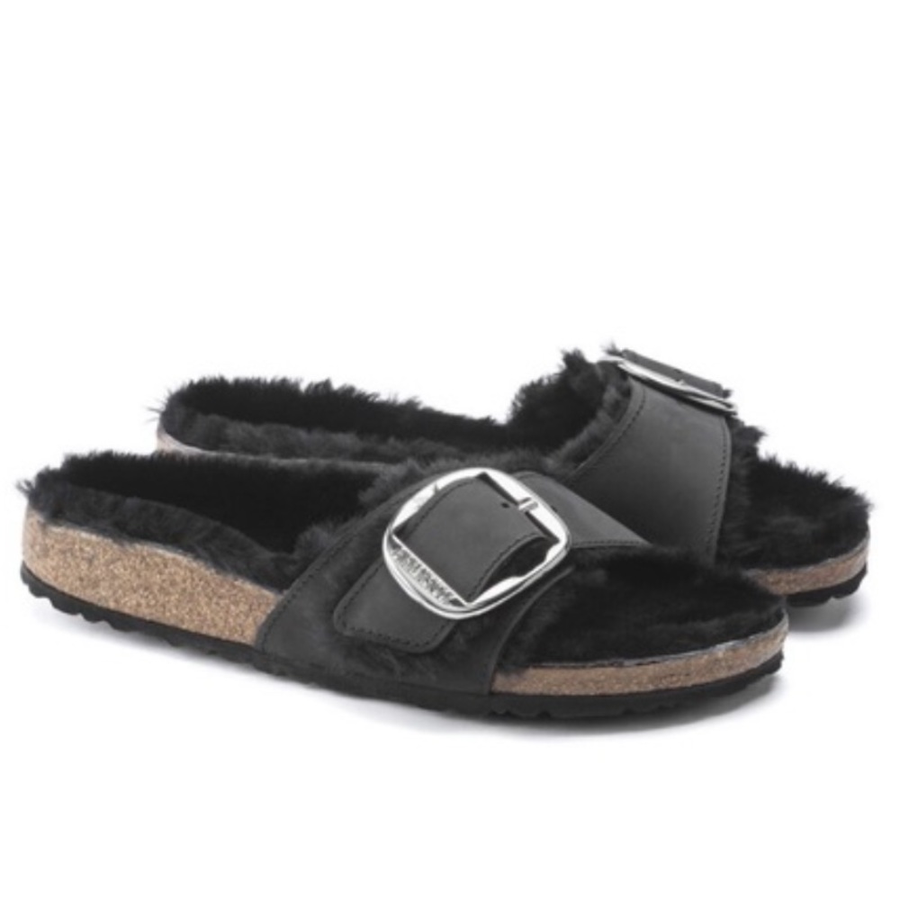 BIRKENSTOCK x Free People Madrid Big Buckle 6 & 9 Black Suede Genuine Shearling - Picture 1 of 14